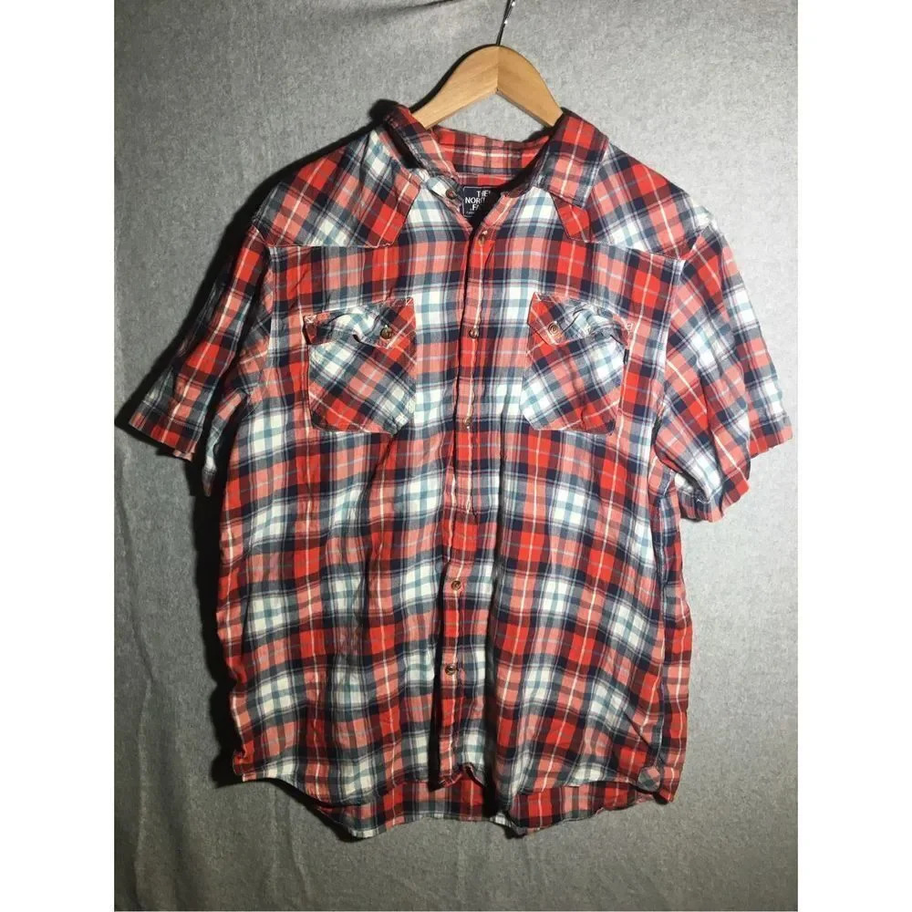 MensβThe North Face Button Up Red Blue Plaid Casual Hiking Outdoor Multicolored